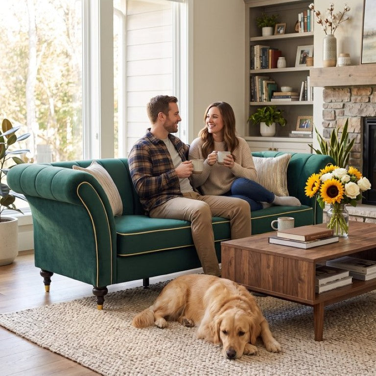 English Elm Fx-P33-Rg Emerald Velvet 3 Seat Sofa Channel Tufted Back Gold Leg Living Room W576P544230