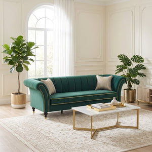 English Elm Fx-P33-Rg Emerald Velvet 3 Seat Sofa Channel Tufted Back Gold Leg Living Room W576P544230
