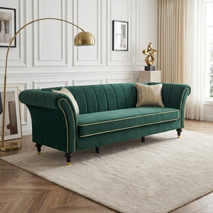 English Elm Fx-P33-Rg Emerald Velvet 3 Seat Sofa Channel Tufted Back Gold Leg Living Room W576P544230