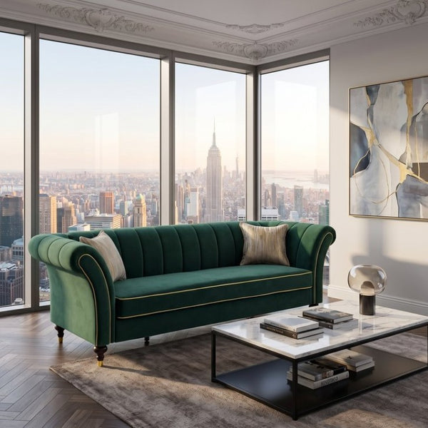 English Elm Fx-P33-Rg Emerald Velvet 3 Seat Sofa Channel Tufted Back Gold Leg Living Room W576P544230