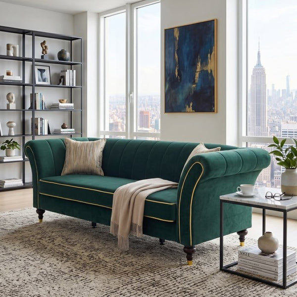 English Elm Fx-P33-Rg Emerald Velvet 3 Seat Sofa Channel Tufted Back Gold Leg Living Room W576P544230
