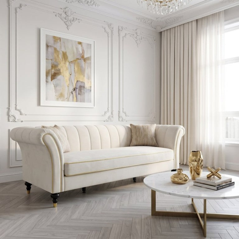 English Elm Fx-P33-Cw Velvet Channel Tufted Sofa with Rolled Arms and Gold Accent Rubberwood Legs W576P544231