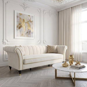 English Elm Fx-P33-Cw Velvet Channel Tufted Sofa with Rolled Arms and Gold Accent Rubberwood Legs W576P544231