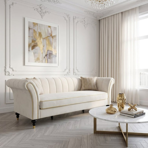 English Elm Fx-P33-Cw Velvet Channel Tufted Sofa with Rolled Arms and Gold Accent Rubberwood Legs W576P544231