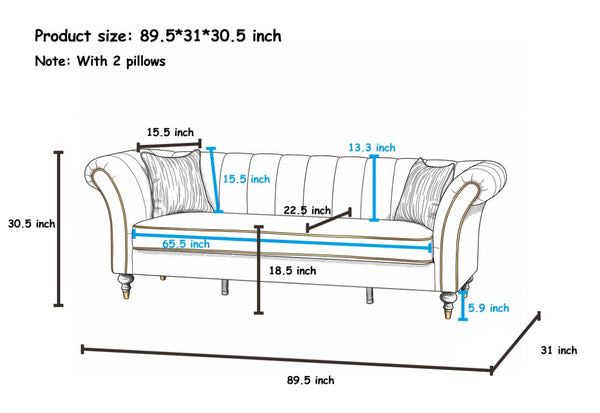 English Elm Fx-P33-Cw Velvet Channel Tufted Sofa with Rolled Arms and Gold Accent Rubberwood Legs W576P544231