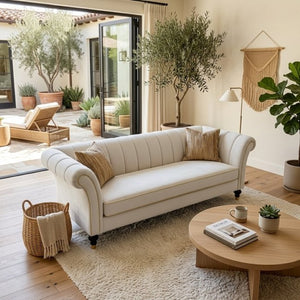 English Elm Fx-P33-Cw Velvet Channel Tufted Sofa with Rolled Arms and Gold Accent Rubberwood Legs W576P544231