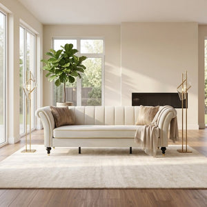 English Elm Fx-P33-Cw Velvet Channel Tufted Sofa with Rolled Arms and Gold Accent Rubberwood Legs W576P544231