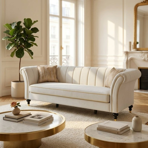 English Elm Fx-P33-Cw Velvet Channel Tufted Sofa with Rolled Arms and Gold Accent Rubberwood Legs W576P544231