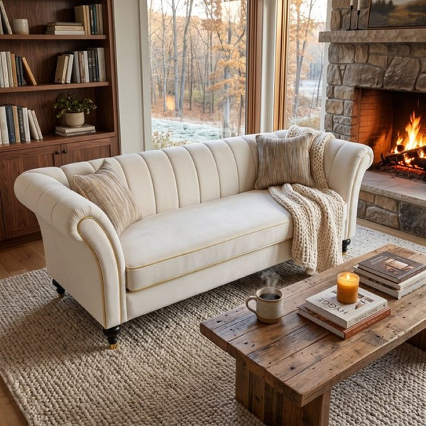English Elm Fx-P33-Cw Velvet Channel Tufted Sofa with Rolled Arms and Gold Accent Rubberwood Legs W576P544231