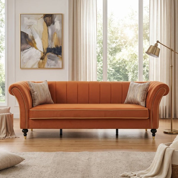 English Elm Fx-P33-Or Velvet Three Seat Sofa with Channel Tufted Back and Rolled Arms for Living Room W576P544233