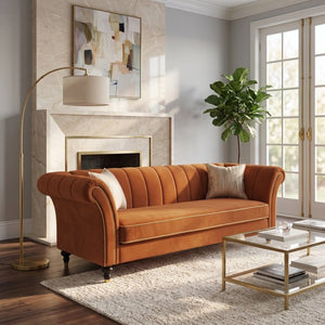 English Elm Fx-P33-Or Velvet Three Seat Sofa with Channel Tufted Back and Rolled Arms for Living Room W576P544233