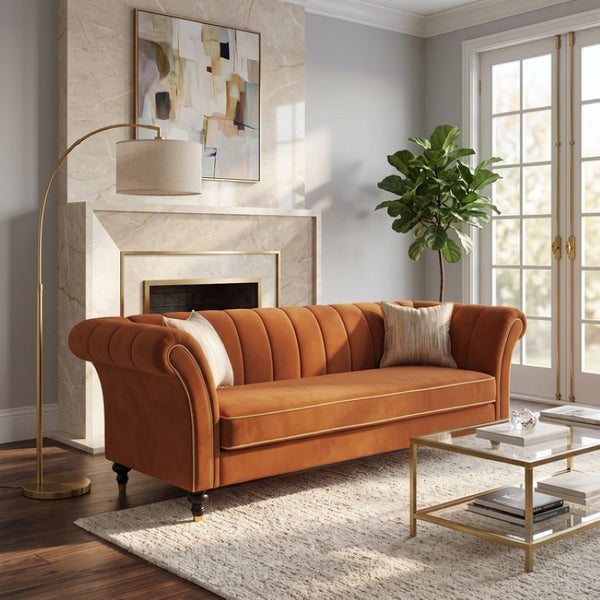English Elm Fx-P33-Or Velvet Three Seat Sofa with Channel Tufted Back and Rolled Arms for Living Room W576P544233