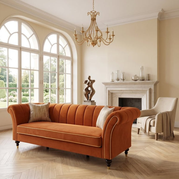 English Elm Fx-P33-Or Velvet Three Seat Sofa with Channel Tufted Back and Rolled Arms for Living Room W576P544233