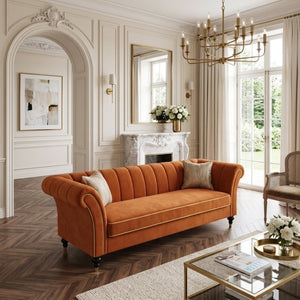 English Elm Fx-P33-Or Velvet Three Seat Sofa with Channel Tufted Back and Rolled Arms for Living Room W576P544233