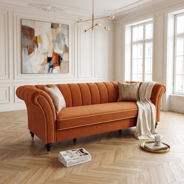 English Elm Fx-P33-Or Velvet Three Seat Sofa with Channel Tufted Back and Rolled Arms for Living Room W576P544233