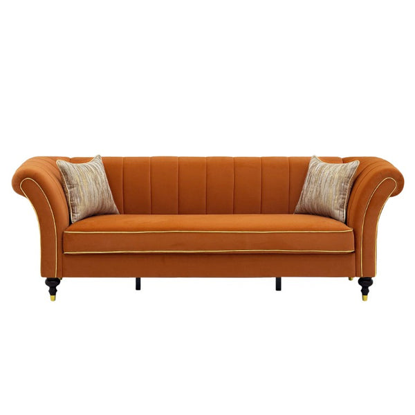 English Elm Fx-P33-Or Velvet Three Seat Sofa with Channel Tufted Back and Rolled Arms for Living Room W576P544233