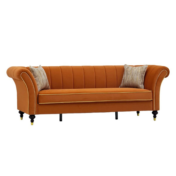 English Elm Fx-P33-Or Velvet Three Seat Sofa with Channel Tufted Back and Rolled Arms for Living Room W576P544233