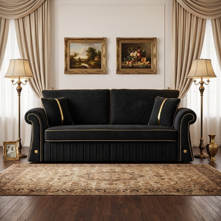 English Elm Fx-P63-Bk Velvet Three Seater Sofa with Rolled Arms and Glam Trim for Living Room W576P589687