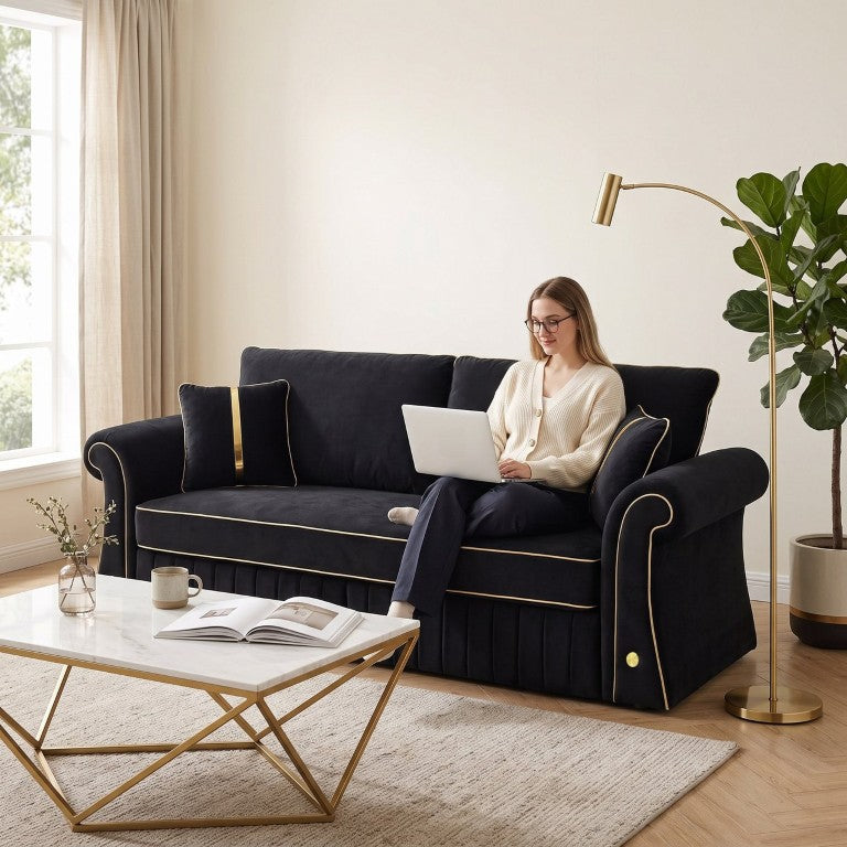 English Elm Fx-P63-Bk Velvet Three Seater Sofa with Rolled Arms and Glam Trim for Living Room W576P589687