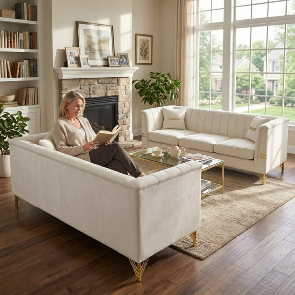 English Elm Instaed Tufted Velvet Sofa Set Two 3-Seat Pieces with Gold Legs for Modern Living W576S00272