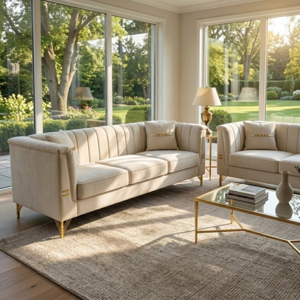 English Elm Instaed Tufted Velvet Sofa Set Two 3-Seat Pieces with Gold Legs for Modern Living W576S00272