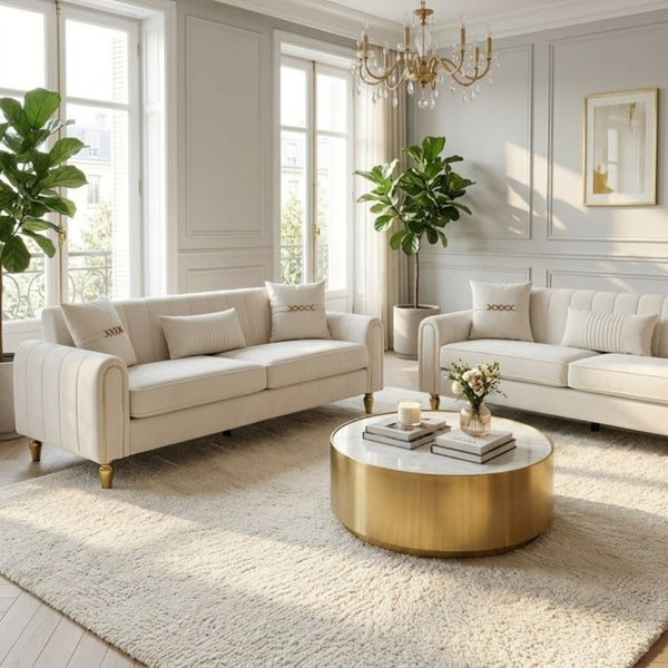 English Elm Fx-P11-Bk-2Pc Velvet Channel Tufted Sofa Set with Gold Legs for Glam Living Rooms Cream White W576S00273