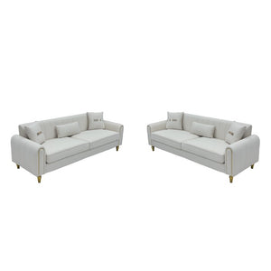 English Elm Fx-P11-Bk-2Pc Velvet Channel Tufted Sofa Set with Gold Legs for Glam Living Rooms Cream White W576S00273