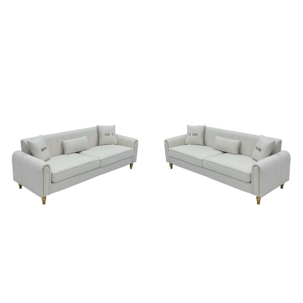 English Elm Fx-P11-Bk-2Pc Velvet Channel Tufted Sofa Set with Gold Legs for Glam Living Rooms Cream White W576S00273