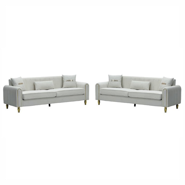 English Elm Fx-P11-Bk-2Pc Velvet Channel Tufted Sofa Set with Gold Legs for Glam Living Rooms Cream White W576S00273