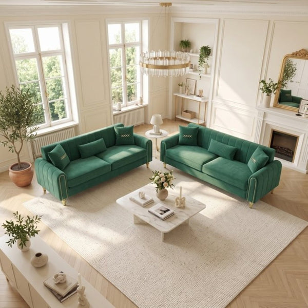 English Elm Fx-P11-Rb-2Pc Velvet Two Piece Sofa Set with Gold Legs Modern Living Room Seating Green W576S00274
