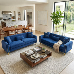 English Elm Fx-P11-Rb-2Pc Velvet Two Piece Sofa Set with Gold Legs Modern Living Room Seating Blue W576S00275