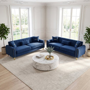 English Elm Fx-P11-Rb-2Pc Velvet Two Piece Sofa Set with Gold Legs Modern Living Room Seating Blue W576S00275