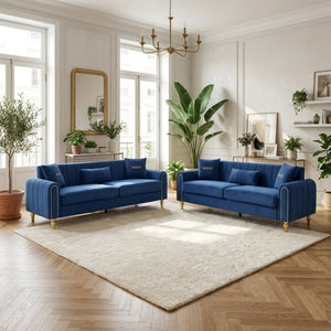 English Elm Fx-P11-Rb-2Pc Velvet Two Piece Sofa Set with Gold Legs Modern Living Room Seating Blue W576S00275