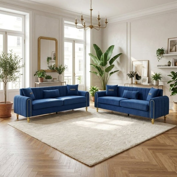 English Elm Fx-P11-Rb-2Pc Velvet Two Piece Sofa Set with Gold Legs Modern Living Room Seating Blue W576S00275