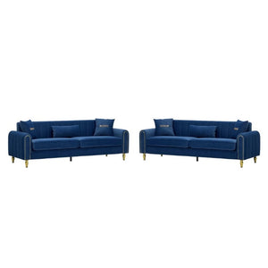 English Elm Fx-P11-Rb-2Pc Velvet Two Piece Sofa Set with Gold Legs Modern Living Room Seating Blue W576S00275