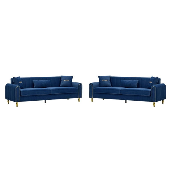English Elm Fx-P11-Rb-2Pc Velvet Two Piece Sofa Set with Gold Legs Modern Living Room Seating Blue W576S00275