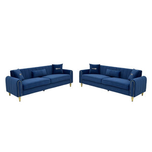 English Elm Fx-P11-Rb-2Pc Velvet Two Piece Sofa Set with Gold Legs Modern Living Room Seating Blue W576S00275