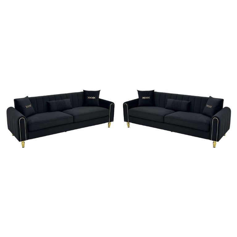 English Elm Fx-P11-Bk-2Pc Velvet Channel Tufted Sofa Set with Gold Legs for Glam Living Rooms Black W576S00276