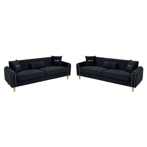 English Elm Fx-P11-Bk-2Pc Velvet Channel Tufted Sofa Set with Gold Legs for Glam Living Rooms Black W576S00276
