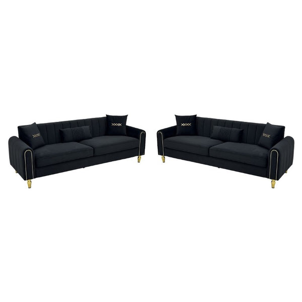 English Elm Fx-P11-Bk-2Pc Velvet Channel Tufted Sofa Set with Gold Legs for Glam Living Rooms Black W576S00276