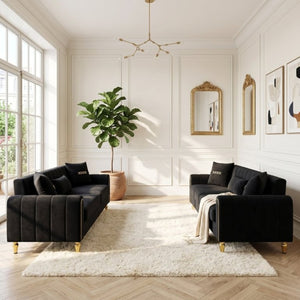 English Elm Fx-P11-Bk-2Pc Velvet Channel Tufted Sofa Set with Gold Legs for Glam Living Rooms Black W576S00276