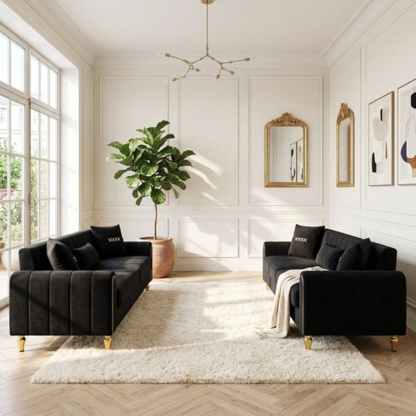 English Elm Fx-P11-Bk-2Pc Velvet Channel Tufted Sofa Set with Gold Legs for Glam Living Rooms Black W576S00276