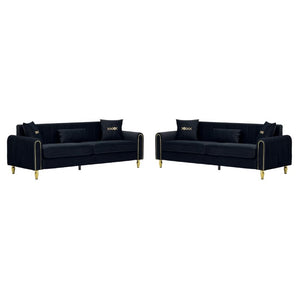 English Elm Fx-P11-Bk-2Pc Velvet Channel Tufted Sofa Set with Gold Legs for Glam Living Rooms Black W576S00276