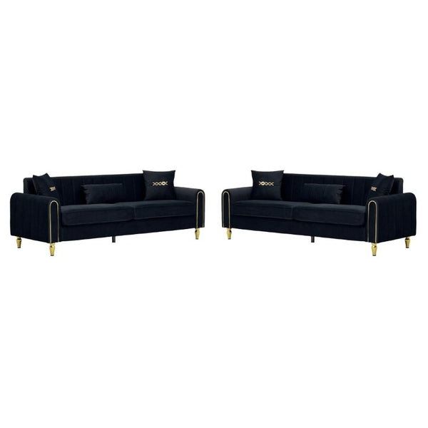 English Elm Fx-P11-Bk-2Pc Velvet Channel Tufted Sofa Set with Gold Legs for Glam Living Rooms Black W576S00276