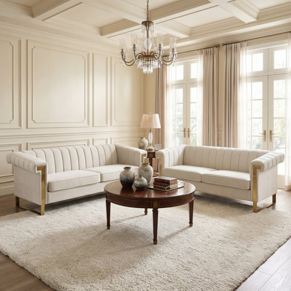 English Elm Fx-P81b-Bu-2Pc-Sofa Velvet Tufted Living Room Set with Gold Steel Legs Glam Seating Cream Beige W576S00277