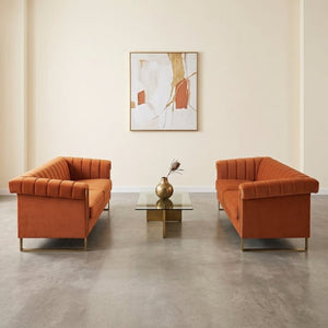 English Elm Fx-P81b-Or-2Pc-Sofa Velvet Channel Tufted Two Piece Set with Gold Steel Legs Glam Modern W576S00278