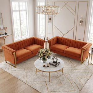 English Elm Fx-P81b-Or-2Pc-Sofa Velvet Channel Tufted Two Piece Set with Gold Steel Legs Glam Modern W576S00278