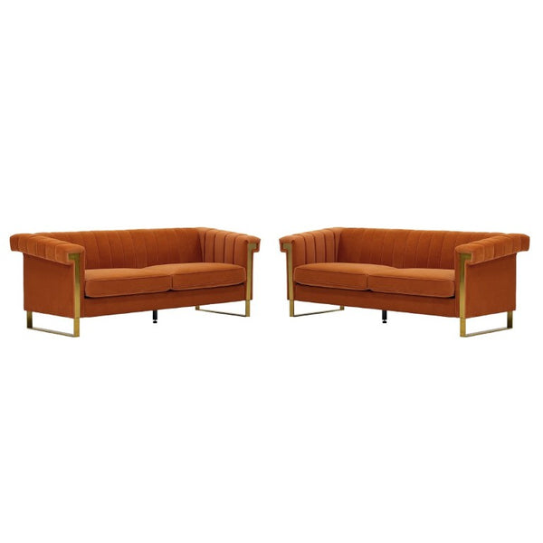 English Elm Fx-P81b-Or-2Pc-Sofa Velvet Channel Tufted Two Piece Set with Gold Steel Legs Glam Modern W576S00278