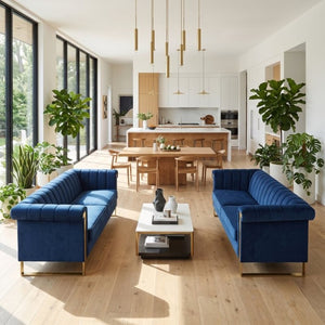 English Elm Fx-P81b-Bu-2Pc-Sofa Velvet Tufted Living Room Set with Gold Steel Legs Glam Seating Blue W576S00279