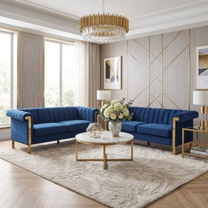 English Elm Fx-P81b-Bu-2Pc-Sofa Velvet Tufted Living Room Set with Gold Steel Legs Glam Seating Blue W576S00279